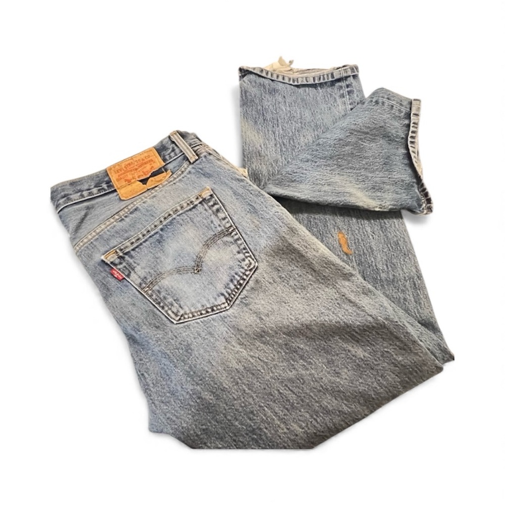 Levi's 501s Thrashed Blue Jeans Relaxed Fit Straight Leg Distressed Button Fly